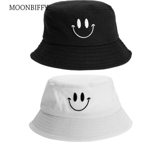 1PC Women Smile Face Embroidery Bucket Hat Outdoor Fishing Sunscreen Bucket Hat
