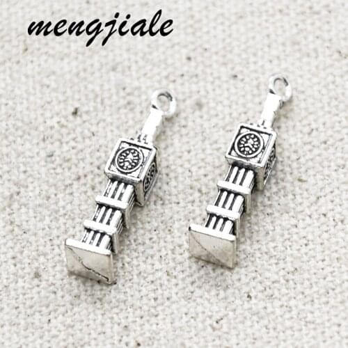 14pcs Antique Silver Tone 3D Big Ben Clock Charms Alloy Metal Pendants For DIY Jewelry Accessories Making 27*6mm