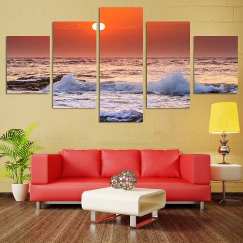 5 Pieces Waterfall Sunrise The Beach With Screw Ocean Wave Wall Print Canvas Home Decor Hd Art