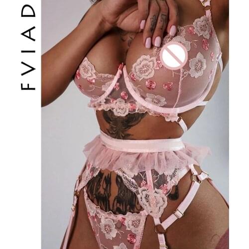 Women Underwear Suit Ladies Lace Pink Flower Embroidery Stitching Mesh Sexy Lingerie Erotic Bra Briefs Sling Three Piece Set