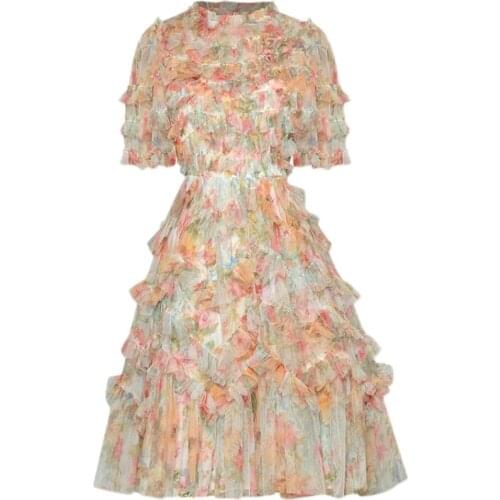 Designer Gorgeous New WomenS Exquisite Layered Ruffled Mesh Print Vintage Elegant Chic Runway High Quality Party Fashion Dress