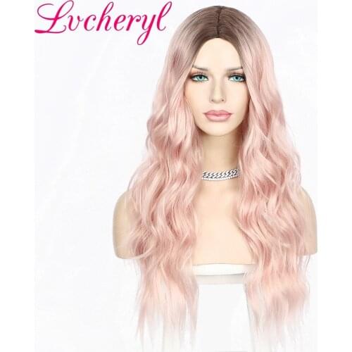 Lvcheryl Middle-Part Machine Made Synthetic Wig Long Wave Simulated Scalp Ombre Light Pink Wigs High Temperature Cosplay Party