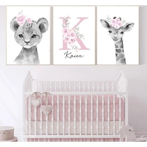 Custom Baby Name Nursery Poster Personalized Canvas Painting Print Pink Flower Animals Wall Art for Girls Bedroom Pictures Decor