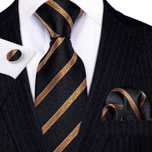Classic Gold Luxury Black Striped 100% Silk Tie Gifts For Men Suit Wedding Barry.Wang NeckTies Hanky Sets Groom Business LN-5293