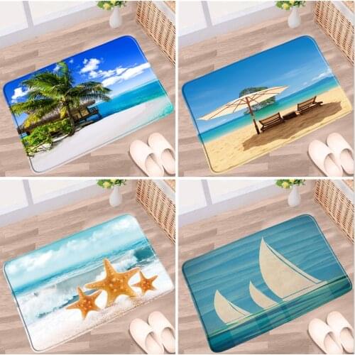 Ocean Scenery Bathroom Mat Palm Trees Green Plants Shells Beach Sea Landscape Non-slip Rugs Toilet Kitchen Doorway Aisle Carpet