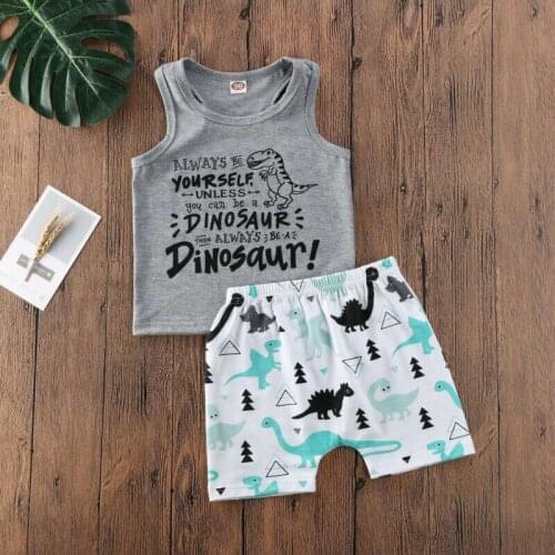 2PCS Toddler Baby Boys Summer Cartoon Dinosaur Clothes Sets Sleeveless Vest Tops+Shorts 2PCS Sets