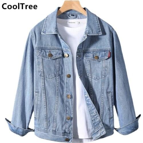 CoolTree Men Casual Denim jacket Spring Autumn Solid color Single-breasted Turn-down collar Jeans Coats Male Slim Fit Outerwear