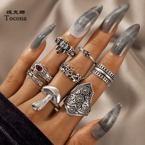 Tocona 7pcs/sets Boho Snake Ring Sets for Women Men Charms Mushroom Elephant Alloy Metal Party Jewelry Accessories Anillo 18217