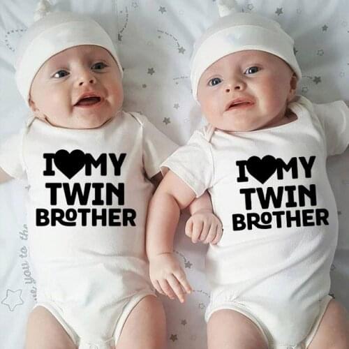 New Casual Letter Print I Love My Twin Brother White Outfit Newborn Baby Boys Short SleeveRomper Baby Clothes