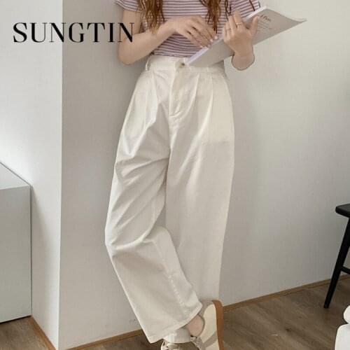 Sungtin New Wide Leg Pants Women High Waist Solid Ankle Length Pants Casual Loose Female White Straight Pants Korean Chic 2021