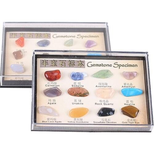 12pcs/set Specimen Natural Crystal Box Tumbled Stone Ore Specimen Mineral Ore English Teaching Materials Collection Gemstones