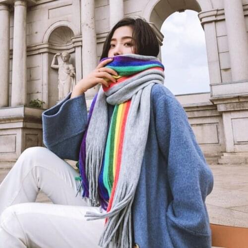230cm New winter thick cashmere scarf wraps vintage Tassel striped tippet warm rainbow shawl poncho