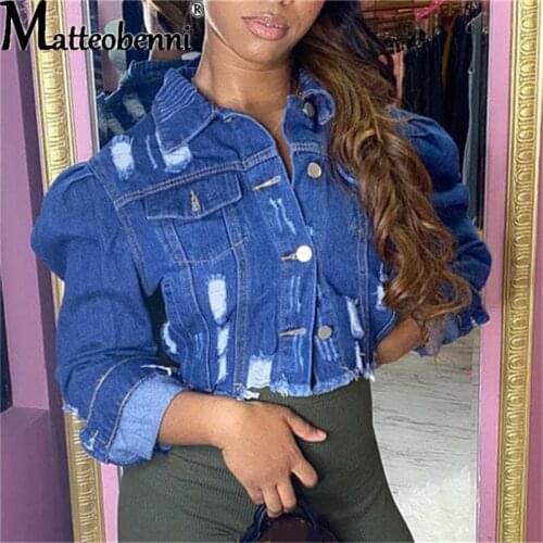 Sexy Cropped Denim Jackets Women 2021 Puff Sleeve With Button Pockets Vintage Coat Autumn Winter Streetwear Ripped Jean Outwear