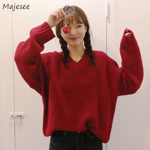Pullovers Women Knitted Vintage Drop Sleeve Loose V-neck New Arrival Autumn Harajuku Casual Korean Style Fashion Simple Sweaters