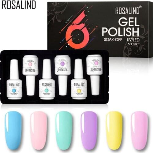ROSALIND 6PCS/SET 15ml Glitter Neon Gel Nail Polish Set All For Manicure Hybrid Varnishes Soak Off UV Lamp Nail Kit Top Base