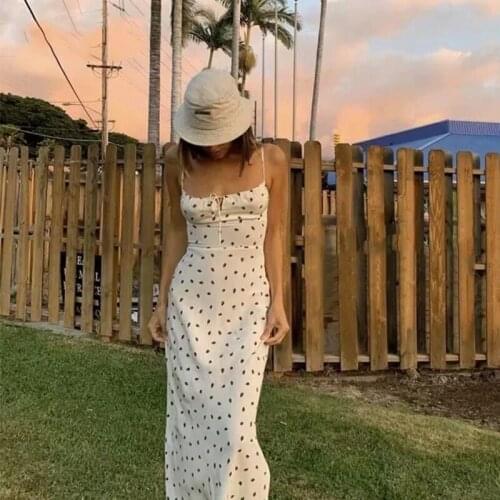 Strawberry Print White Chiffon Long Dress Women Spaghetti Strap Vintage Boho Summer Beach Maxi Dress Sleeveless Sundress