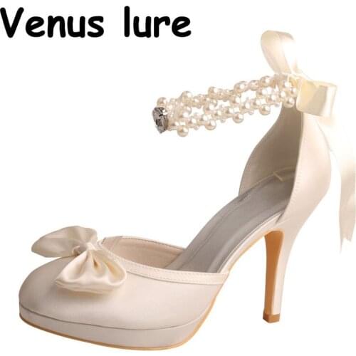 Discount High Heel Pearl Wedding Shoes Ankle Strap Ivory Satin Women Bridal Shoes Platform