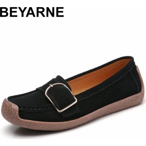BEYARNE Spring Autumn Shoes Genuine Leather Woman Women Flats Loafers Female Slip On Loafers Shoe Buckle FootwearE956