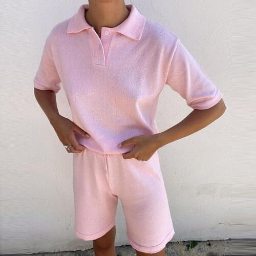 MEIYANGYOUNG Summer Knitting Suit Two Piece Set Women Oversized Polo And Loose Shorts 2 Pieces Short Suits Female Outfits 2021