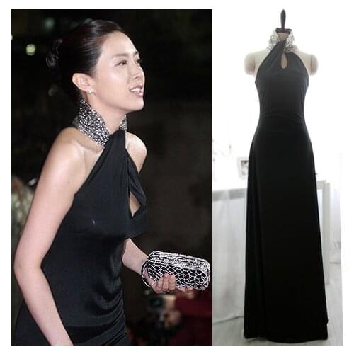 Black chiffon Evening Dress new design hot sexy beading high neck long prom gowns 2015 vestido de festa longo robe de soiree
