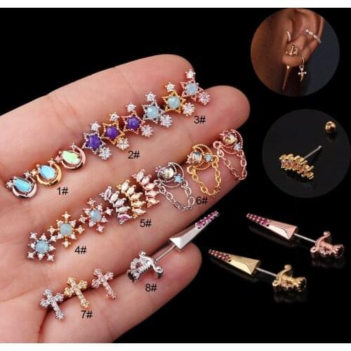 1PC 20G Flower Cross Stainless Steel Barbell Cz Tragus Cartilage Earrings Multicolor Crystal Stud Earring Helix Piercing Jewelry