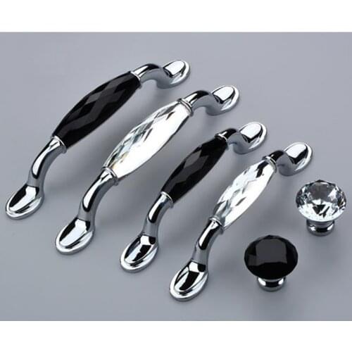 1Pc Modern Black Crystal Door Handle Transparent Color For Wardrobe Cupboard Bookcase Door Handle Drawer Single Hole Double Hole