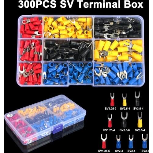 300pcs Fork U type Spade Copper Terminals Mixed Box Electrical Insulated Wire Connector Cord Pin End Butt Crimping Terminals Kit