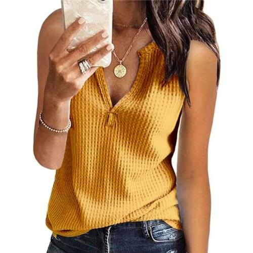 4 Color Summer Women Fashion V-Neck T-Shirts Sleeveless Solid Color Waffle Tops Loose Fitting Tee Top Lady Casual Beach Pullover