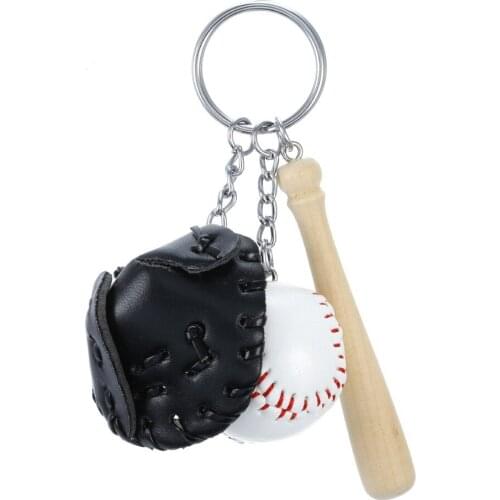 Three-piece Mini Baseball Leather Mask Wooden Bat Pendant Keychain Car Key Chain Key Ring Gift for Man Women Sports style