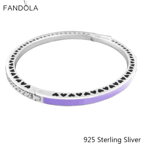 CKK 925 Sterling Silver Radiant Hearts, Lavender Enamel Bangles Original Jewelry Making Anniversary Gift