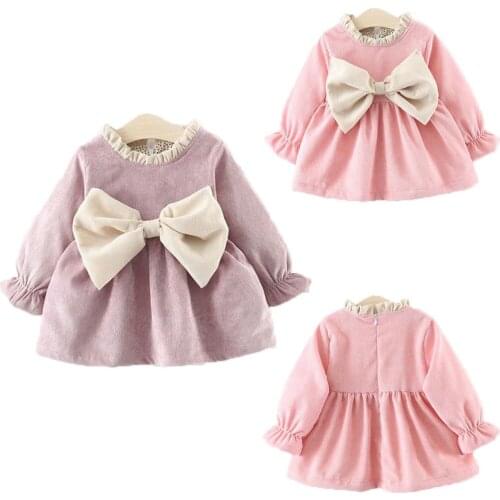 Pink Purple Toddler Baby Girl Kids Big Bow Warm Party Wedding Princess Winter Dress Long Sleeve Thick Tutu Dresses