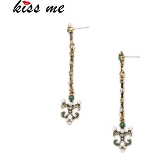 KISS ME Simulated Pearls Flower Long Earrings Summer New Vintage Jewelry Dangle Earrings for Girls
