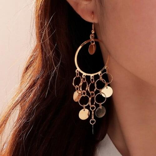 European and American Exaggerated Disc Round Coin Drop Earring for Women Vintage Long Water Drop Metal Earrings