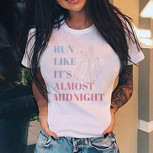 Disney Cartoon Cinderella Run Like Midnight Ombre Premium Print T Shirt Women Summer Short Sleeve Tops Streetwear Casual T-shirt