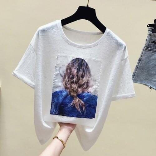 Beaded character T Shirt Women Summer Hot O Neck Tshirts Korean Aesthetic Cotton Tees for Ladies chic Comfortable Female Tops