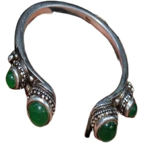 Chinese old craft Old Tibetan silver inlaid ice jade bracelet