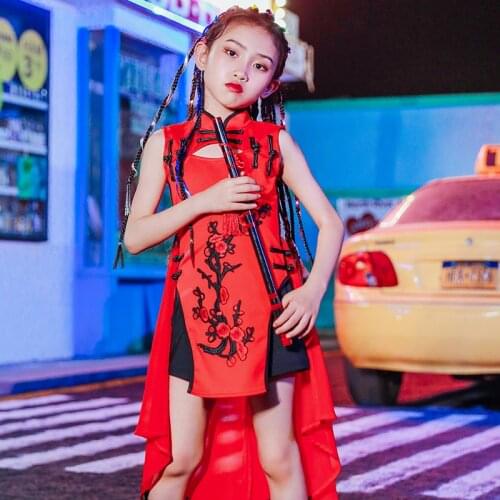 Chinese Style Jazz Dance Costume For Kids Catwalk Model Clothes Girls Street Dance Dress Children Hip Hop Red Clothes DQL4103