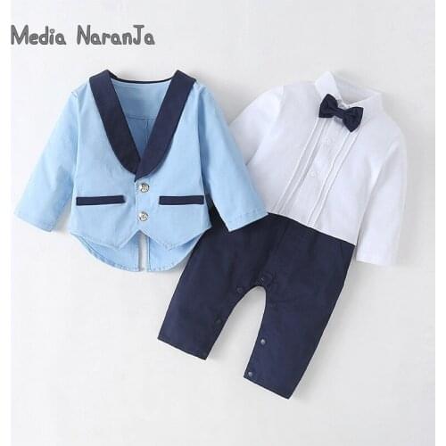 Baby boy performance clothing gentleman dress long sleeve suit spring autumn tuxedo romper +jacket toddler birthday clothes