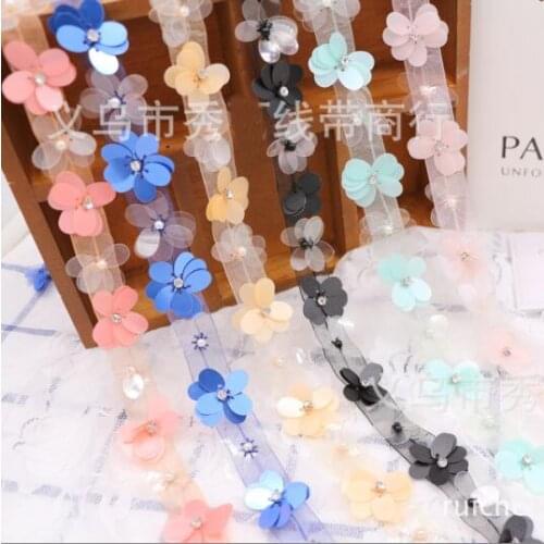 10Yards Pink Black Beaded Lace Trim Sequin Rhinestone Fabric With Pearl Jacquard Ribbon Lace DIY Flower Manual Wedding Lace Trim