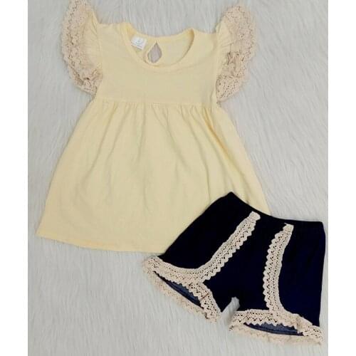 Fashion cotton lace outfits fashion flying sleeve top and navy shorts 2 pcs sets kids summer outfit with denim shorts