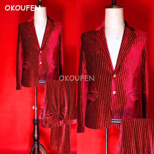 Nightclub Bar Male Singer Host DJ Red Hot Gold Velvet Slim Suit Costume Set Mens red performance suits