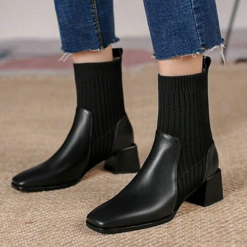 2021 New Autumn Winter Knitting Boots Genuine Leather Square Toe Ankle Boots Fashion Slip On Thick High Heel Womens Shoes