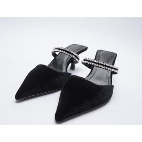 New Black Velvet High Heels Shoes Black Tip Head Crystal Mules Shoes Fairy Outside Half Slippers String Bead Shoes Women