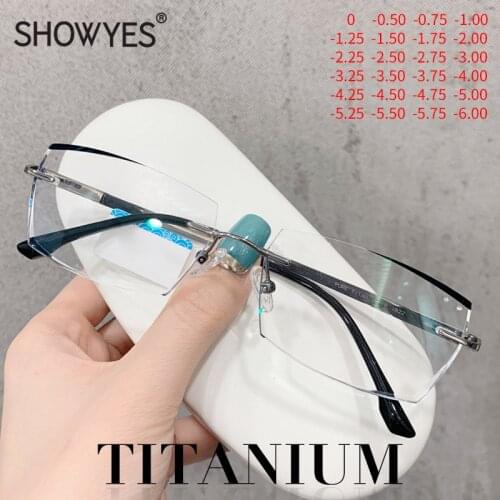 Titanium Rimless Glasses Myopia Men Anti Blue Light Nearsighted Eyeglasses Diamond Cutting Ti Optical Eyewear Male Spectacles