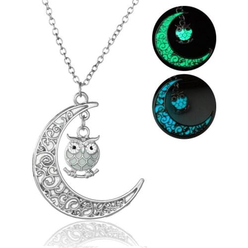 Owl Moon Luminous Stone Necklace Fashion Creative Personality Alloy Pendant Necklace for women Halloween Gift Jewelry Wholesale