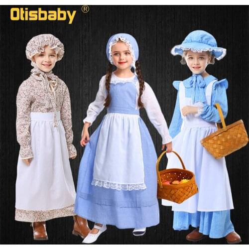 Toddler Vintage Farm Girls Floral Dress Children Cotton Country Style Clothes Halloween Performance Colony Maid Lolita Costume