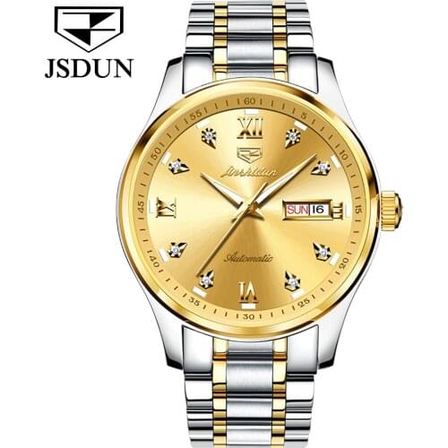 JSDUN Luxury Men Automatic Mechanical Watch Classic Dial Golden Waterproof Stainless Steel Wrist Watch Self winding Men Watches