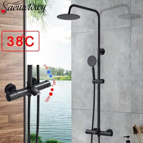Black Chrome Wall Mounted Thermostatic Shower Bracket Hot Cold Mixer Spout Faucet Bathroom Faucet Waterfall Bathtub Faucet