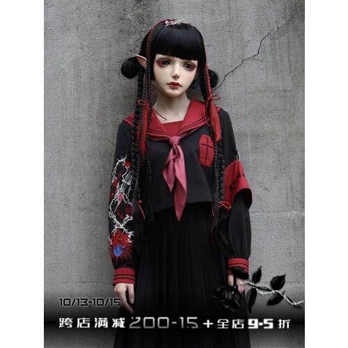 Original Design Heart Embroidery Bad JK Uniform Autumn and Winter Sailor Collar Gothic Punk Girls Black Uniform