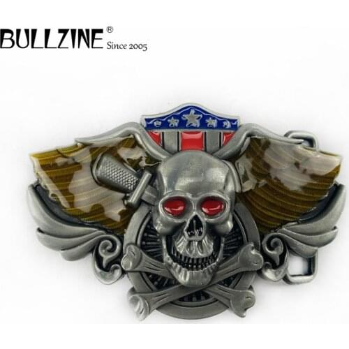 The Bullzine Skull belt buckle with pewter finish & color enamel FP-03144 suitable for 4cm width snap on belt